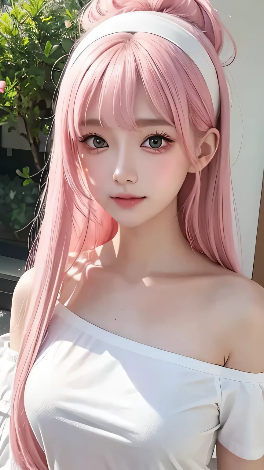1 girl,White off-the-shoulder shirt、Wearing a pink headband,Close-up of a woman, Gu Weiss-style works, IG Model | Art bud, extremely detailed Art bud, surreal anime, Soft Portrait Shots 8K, Art bud. Anime Illustrations, Bovoort'Art style, Blue-haired princess, 8k Art bud bokeh,Blue Hair,Semi-long hair,blue eyes,Beautiful glasses,wear glasses(focus),huge ,A bright smile