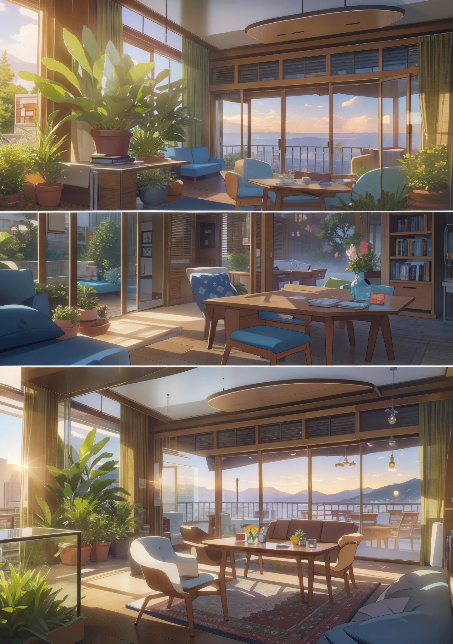 (masterpiece:1.2),best quality, Modern campus,morning,School,Student Union,现代classroom,classroom,classroom,classroom,Modern meeting room, 100mm lens, 3d blender rendering, No humans, landscape, summer, Sky, cloud, ,table,Bookshelf with many books,masterpiece, best quality, Ultra Detailed,HD, HDR, 8k,masterpiece, The bookshelves are full of books, modern furniture, Flower pot with branches, bottle, Glasses, cup, plate, crystal, Bookcases filled with various books, Dishes, emphasize, Exquisite interior, 窗外的landscape, a bridge, Sea, Mountains, Sunset, A city, Neon, morning, floor, A sofa, Pillow, Candlestick, Flowers,