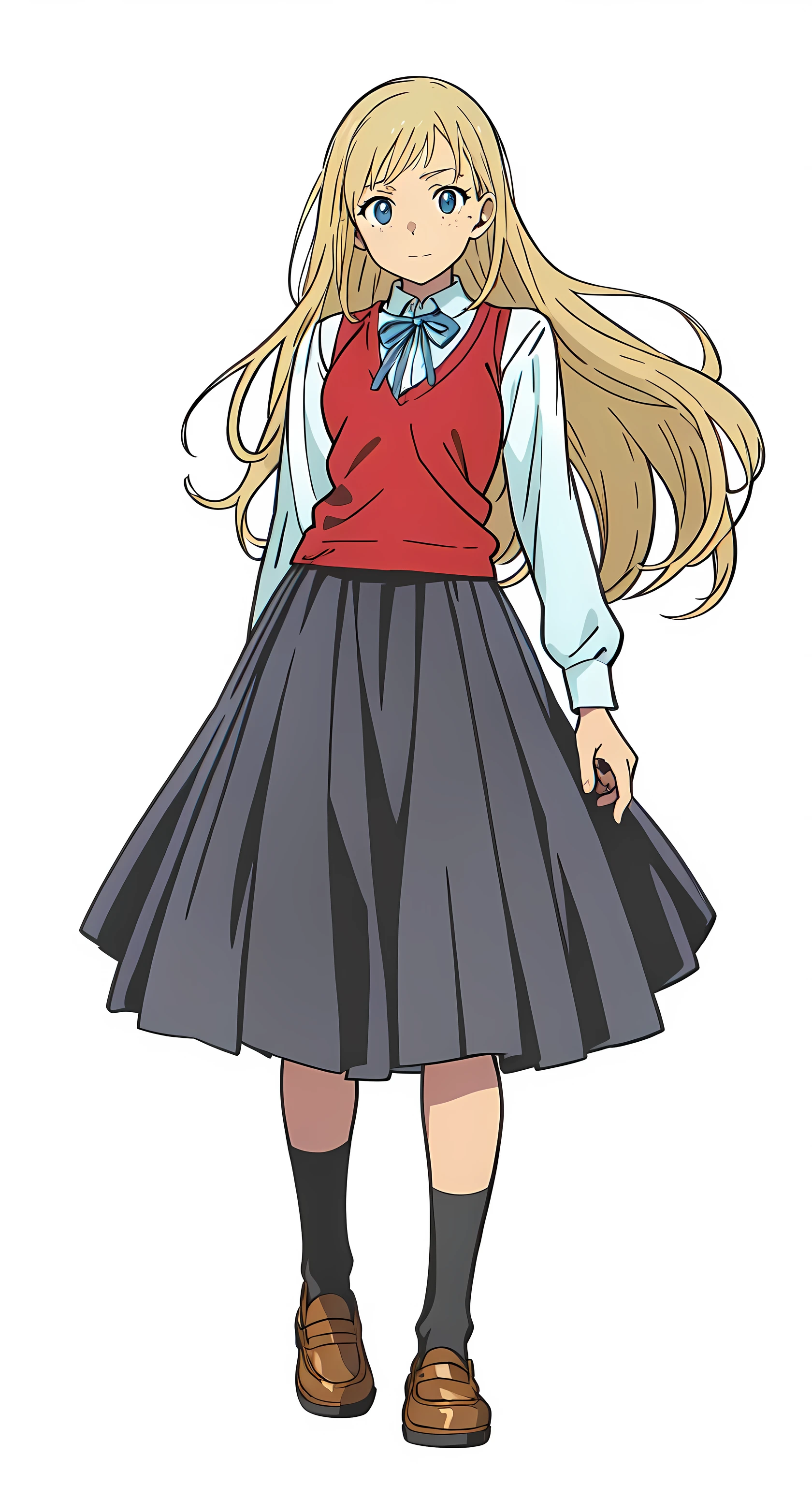 (best quality:1.0), (masterpiece:1.0), (super fine illustration:1.0), (beautiful artwork:1.0), (anime screencap:1.0), (official art:1.0), (european:1.0), (cheerful:1.0), (white background:1.0), (best quality:1.0), (masterpiece:1.0), (super fine illustration:1.0), (beautiful artwork:1.0), (anime screencap:1.0), (official art:1.0), (solo:1.0), (european:1.0), (a 18yo cute girl:1.0), (long skirt:1.0), (black skirt:1.0), (pleated skirt:1.0), (red knit vest:1.0), (white long sleeve collared shirt:1.0), (blue neck ribbon:1.0), (loafers:1.0), (black socks:1.0), (ideal ratio body proportions:1.0), (lanky:1.0), (tall:1.0), (slender:1.0), (small breasts:1.0), (smaller face:1.0), (tareme:1.0), (freckles:1.0), (detailed beautiful eyes:1.0), (detailed beautiful face:1.0), (glowing blue eyes:1.0), (long hair:1.0), (swept bangs:1.0), (blonde hair:1.0), (standing:1.0), (looking at viewer:1.0)