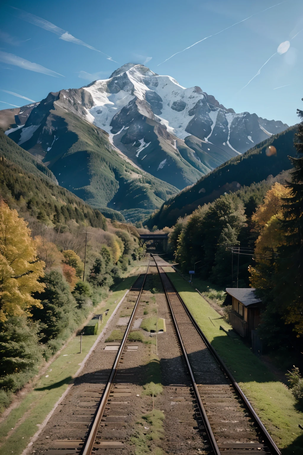 The railway tracks running into the horizon with picturesque mountain with lush forest landscape. perpektive von den schienen, weiter unten. Querformat