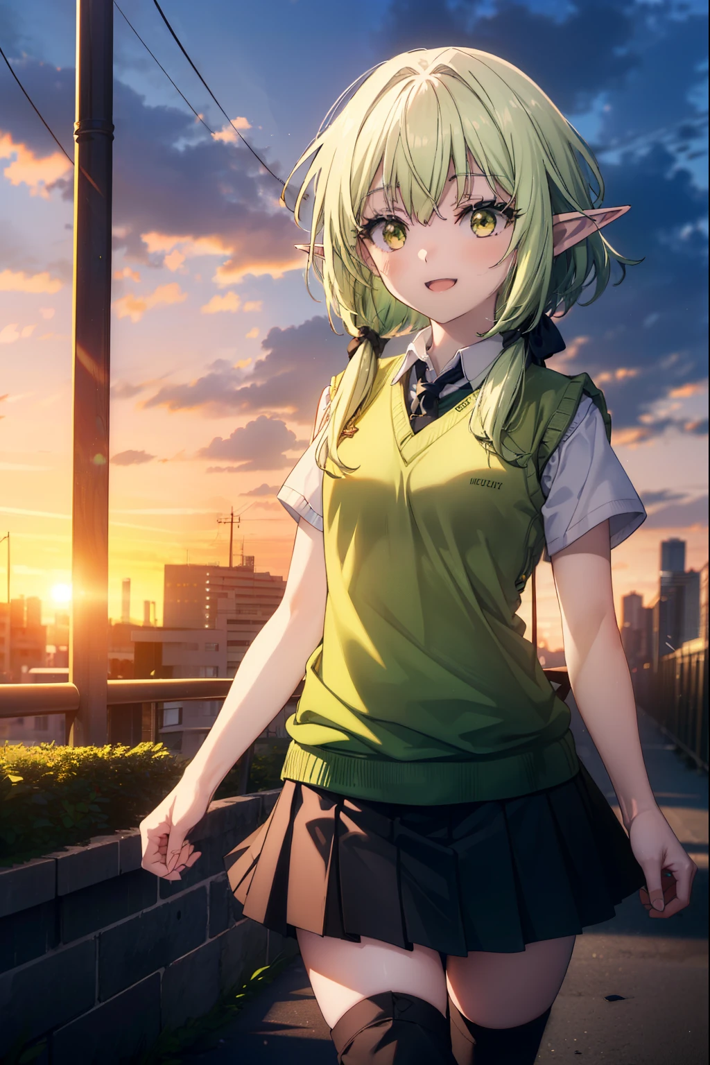 High Goblin Archer, high goblin archer, Long Hair, (Green Eyes:1.5), bow, hair bow, black bow, Side Lock, Green Hair, Pointy Ears, happy smile, smile, Open your mouth,white yシャツ, Short sleeve, Pleated skirt, socks, Collared shirt, mini skirt, White knee socks, (Black Skirt:1.5), Sweater vest, (green Sweater vest:1.5),Brown Loafers,sunset,evening,The sun goes down,whole bodyがイラストに入るように,Walking,Looking down from above,
break outdoors, city,Building Street,
break looking at viewer, whole body,
break (masterpiece:1.2), highest quality, High resolution, unity 8k wallpaper, (shape:0.8), (Fine and beautiful eyes:1.6), Highly detailed face, Perfect lighting, Highly detailed CG, (Perfect hands, Perfect Anatomy),
