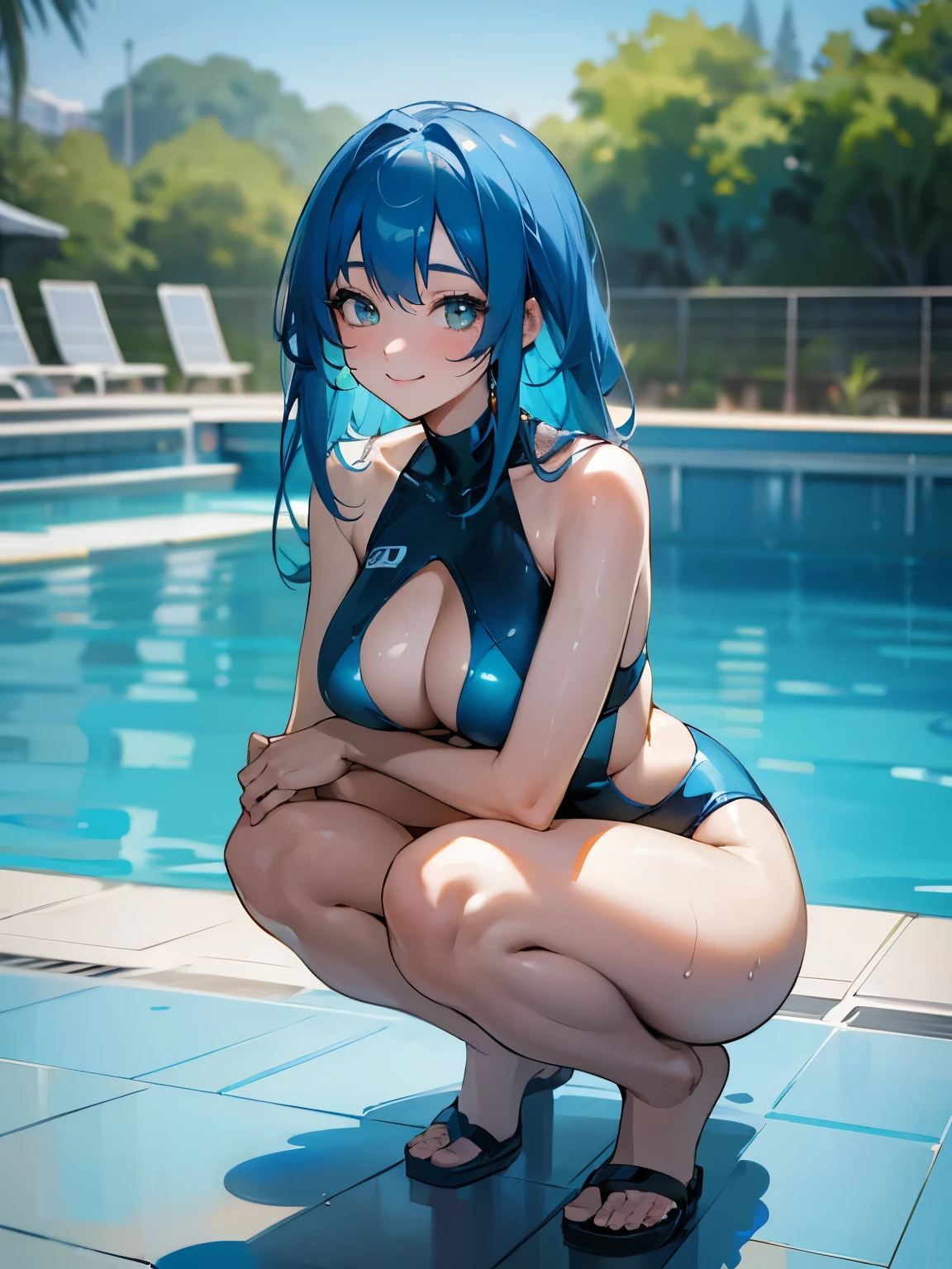 Beautiful girl, blue hair, smiling, perfect body, big breasts, medium thighs, very thin blue swimsuit, ((squatting)), ((sitting)), wet, pool, high resolution, ultra hd, 8k resolution
