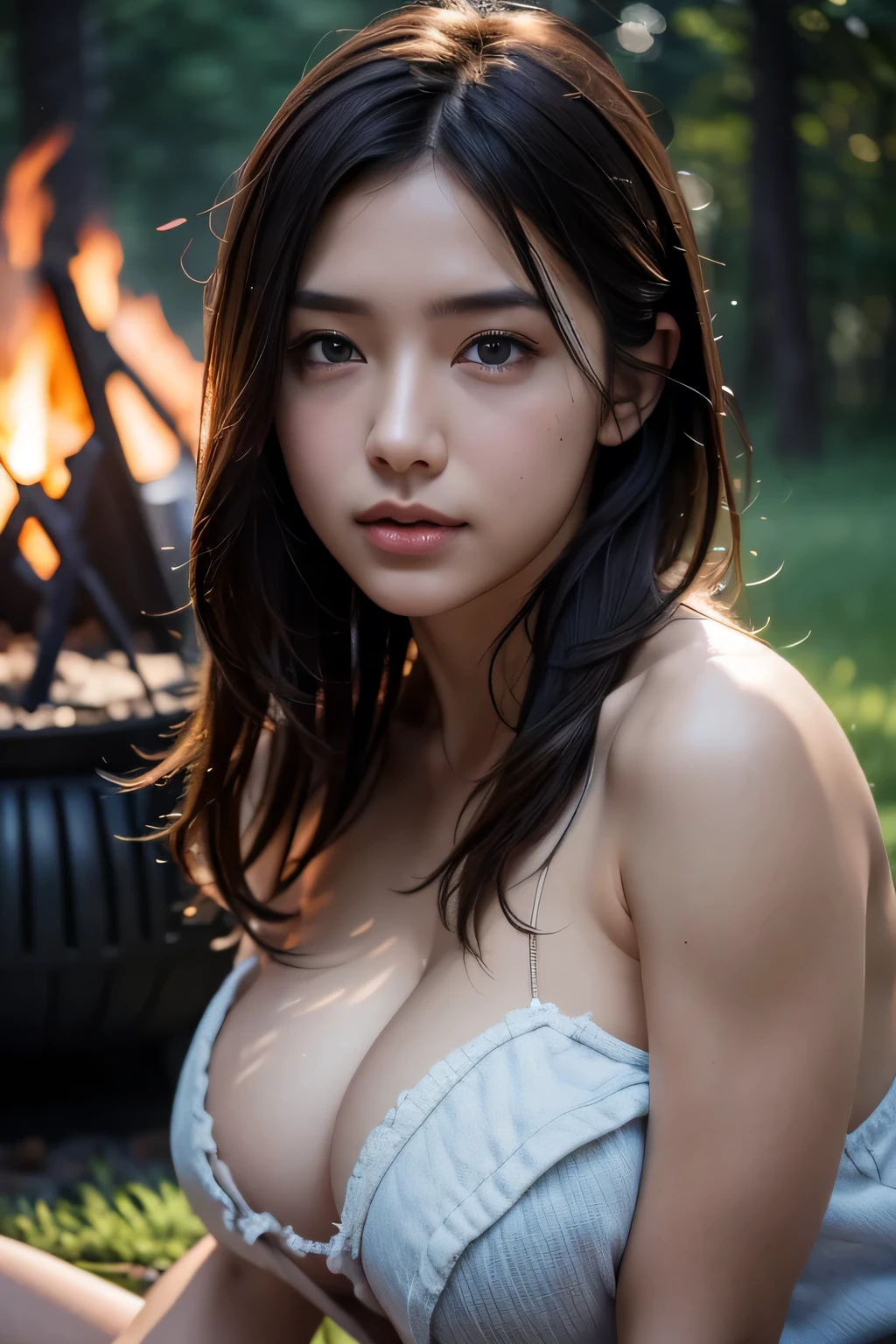 landscape, summer, night, forest, Campfire in one place, unmanned, Nobody, Starry Sky, HD detailed, Super detailed, movie, Hyperrealism, Soft Light, Deep focus bokeh, Ray Tracing, Hyperrealism. , アートステーション pixiv Gwise, Makoto Shinkai, ArtJam, 1girl, White tube top､Cleavage、Big Breasts､Short denim､Muscular thighs､masterpiece, 最high quality, high quality, High resolution, ((Face close-up))