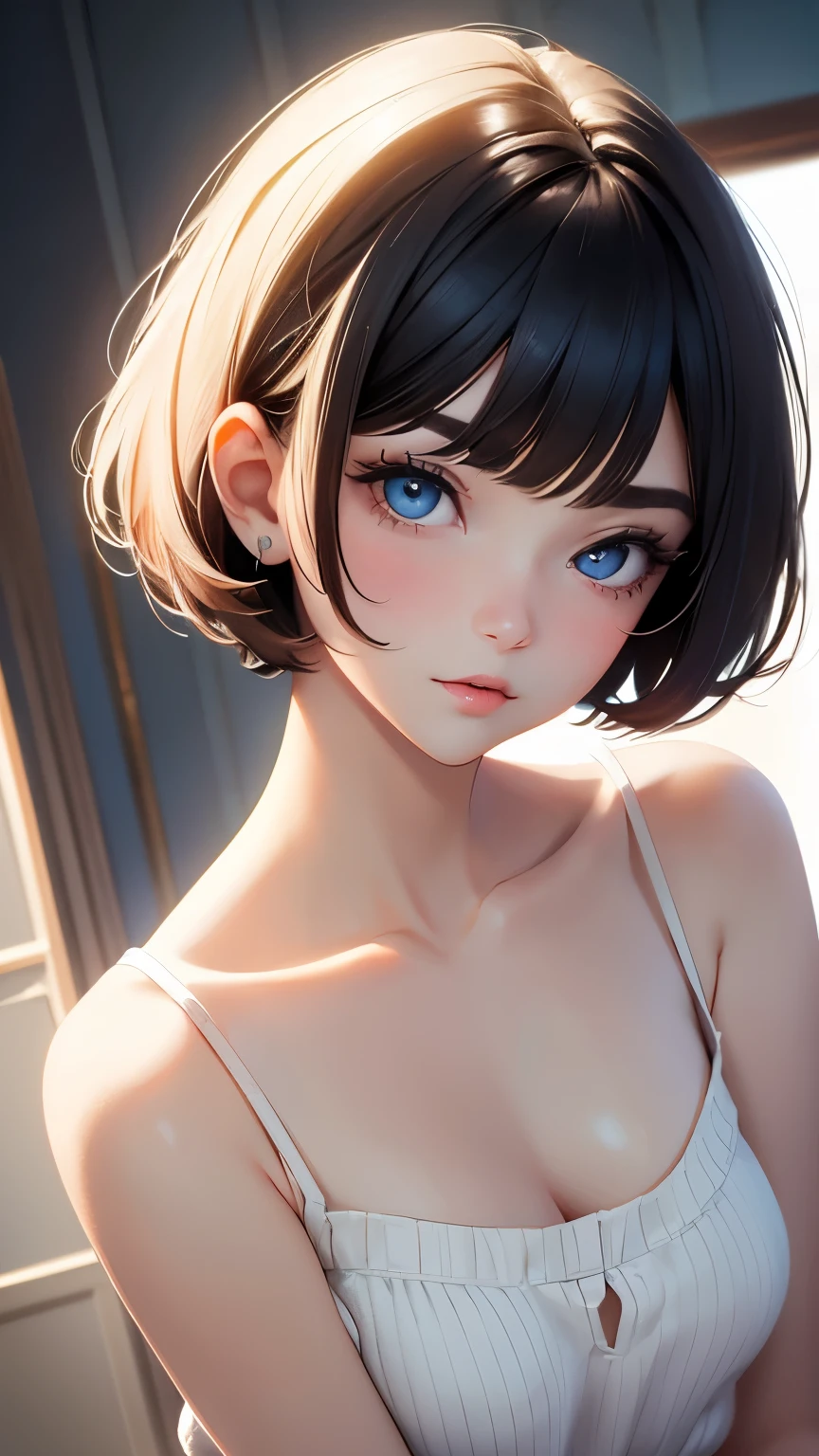 short hair, 前髪のあるshort hair, Woman with pretty face,Cute little face, French Bob, White skin, 短い茶色の髪とBig eyes, Full body portrait shot 8k, Beautiful light、Big eyes, Beautiful woman, Young woman with bob cut, Full Shot,Best image quality, 