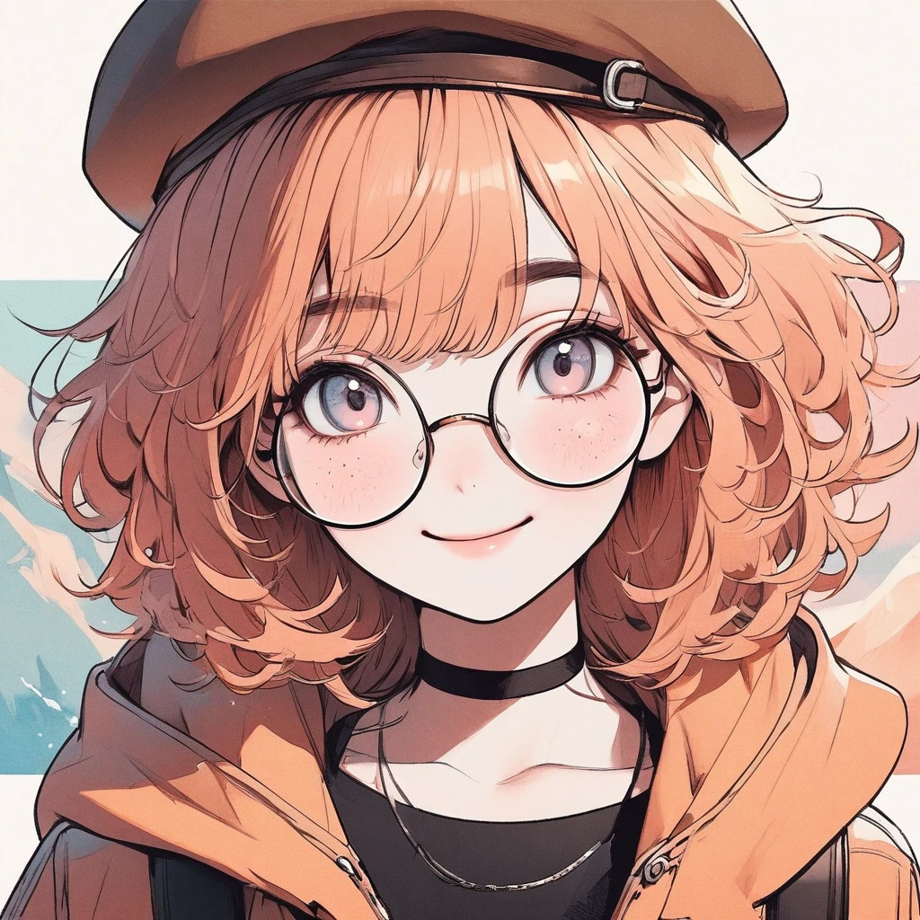 Girl, pastel orange hair, pastel colors, face close up, messy hair, adventure, explorer, brown beret, big round glasses, smiling, big freckles, beautiful