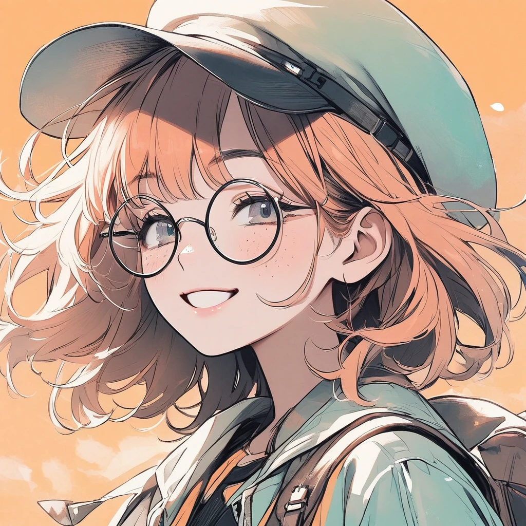 Girl, pastel orange hair, pastel colors, face close up, messy hair, adventure, explorer, brown beret, big round glasses, smiling, big freckles, beautiful