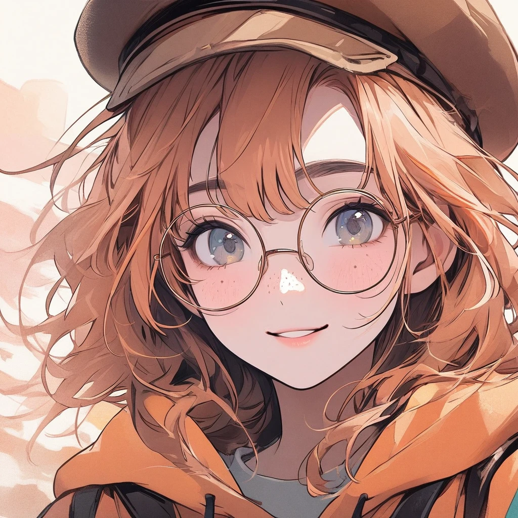 Girl, pastel orange hair, pastel colors, face close up, messy hair, adventure, explorer, brown beret, big round glasses, smiling, big freckles, beautiful, ethereal 