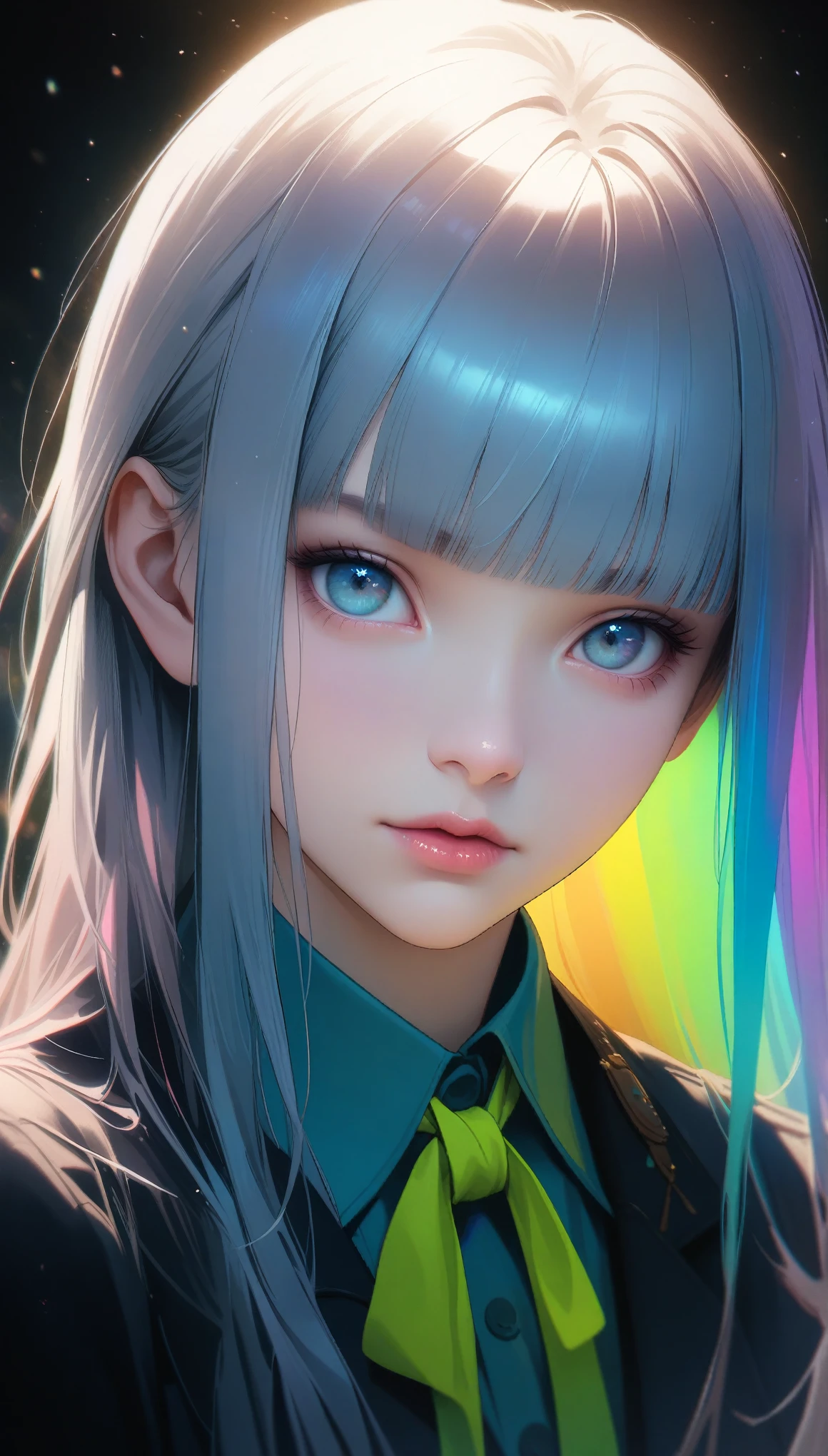 32k, best quality, ultra high res, HDR, UHD, extremely detailed CG, unity 32k wallpaper, (Fluorescent color:1.4),(translucent:1.4),(Retro Filter:1.4), (Fantasy:1.4), Candy World、Disneyland、null気のような、soft、fluffy、soft風景、forest、Snow Avatar、pastelピンク、null、green、green、shine、null気のような光、pastel、capricious light、rainbow、star、diamond、shine、Jewelry Background、Ultra-realistic、Ultra-quality cinematic lighting、Highly detailed Full HD painting、bright,Diagonal bangs,, Collared dress,~ side, masterpiece, highest quality,Real Skin,(Portraiture:1.5), One girl, Blunt bangs, Long Hair,