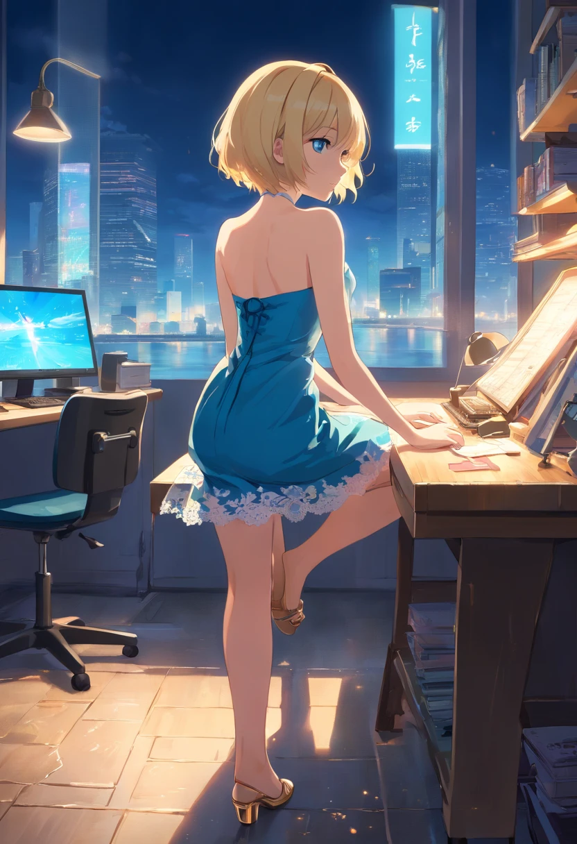  Women, ((Blonde)), ((Blue eyes)), ((Short hair)), ((Full Body)), She wears a backless strapless lace dress, she is sitting on her legs with her back to the camera and her head facing back, she is wearing high heels, Illuminated by a small desk lamp, wet floor