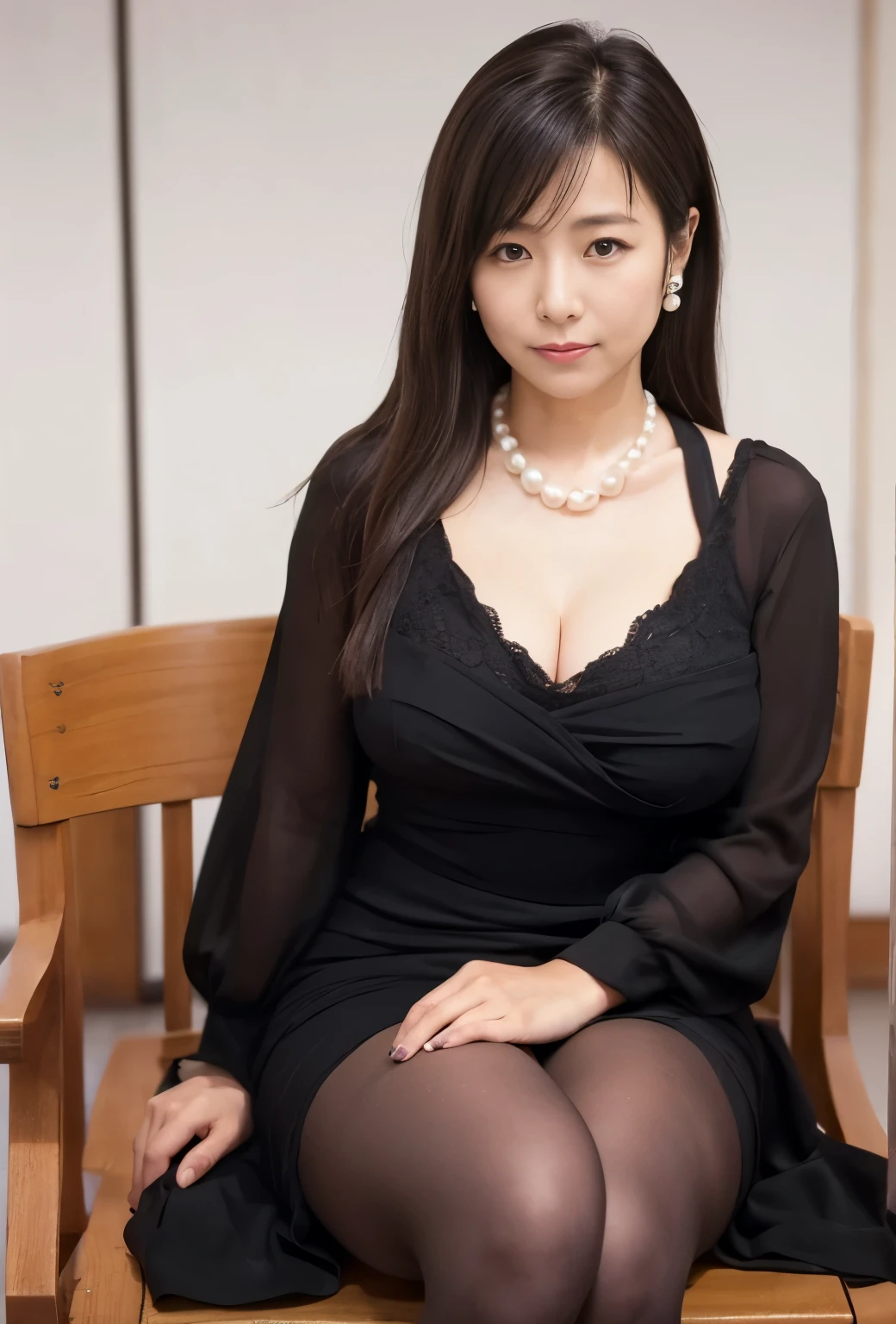 A beautiful Japanese woman in her 40s is crying as she attends a funeral in Japan, sitting on a chair, Realistic, Photorealistic, realistic body shape, Very detailed, highest quality, 8k, Cinematic stills, High resolution, Ideal proportions, Perfect Anatomy, tied up long hair, BREAK, (wearing black dress, pantyhose, Pearl Necklace:1.3), front view, show a part of panties behind skirt