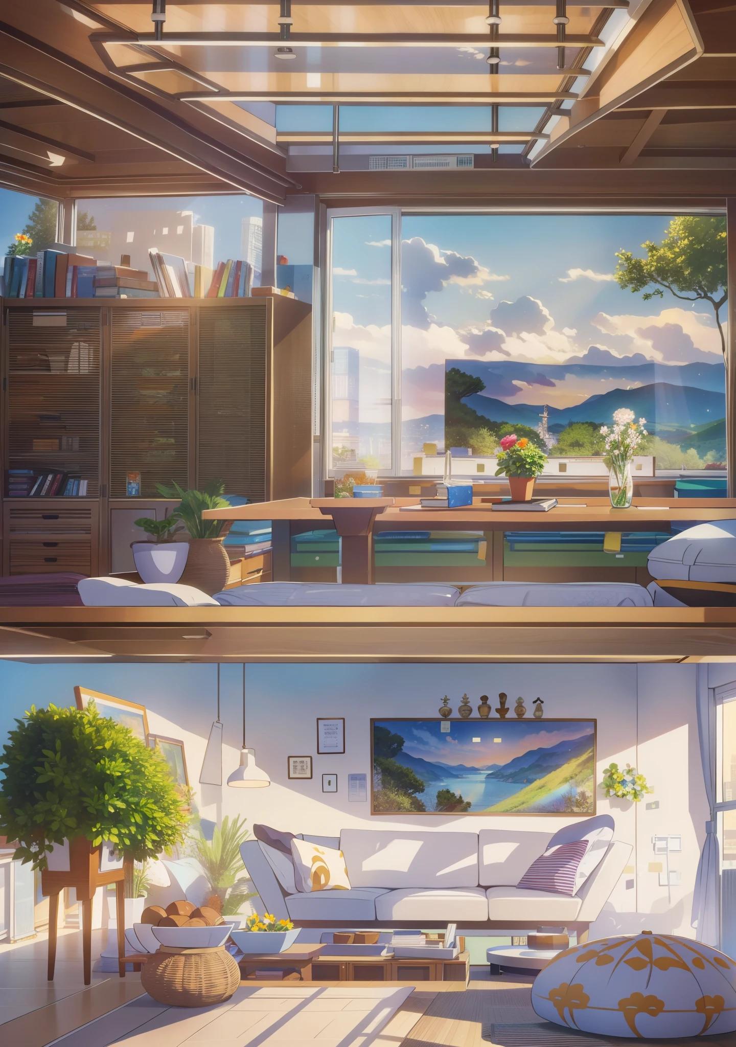 (masterpiece:1.2),best quality, Modern campus,morning,School,Student Union,现代classroom,classroom,classroom,classroom,Modern meeting room, 100mm lens, 3d blender rendering, No humans, landscape, summer, Sky, cloud, ,table,Bookshelf with many books,masterpiece, best quality, Ultra Detailed,HD, HDR, 8k,masterpiece, The bookshelves are full of books, modern furniture, Flower pot with branches, bottle, Glasses, cup, plate, crystal, Bookcases filled with various books, Dishes, emphasize, Exquisite interior, 窗外的landscape, a bridge, Sea, Mountains, Sunset, A city, Neon, morning, floor, A sofa, Pillow, Candlestick, Flowers,