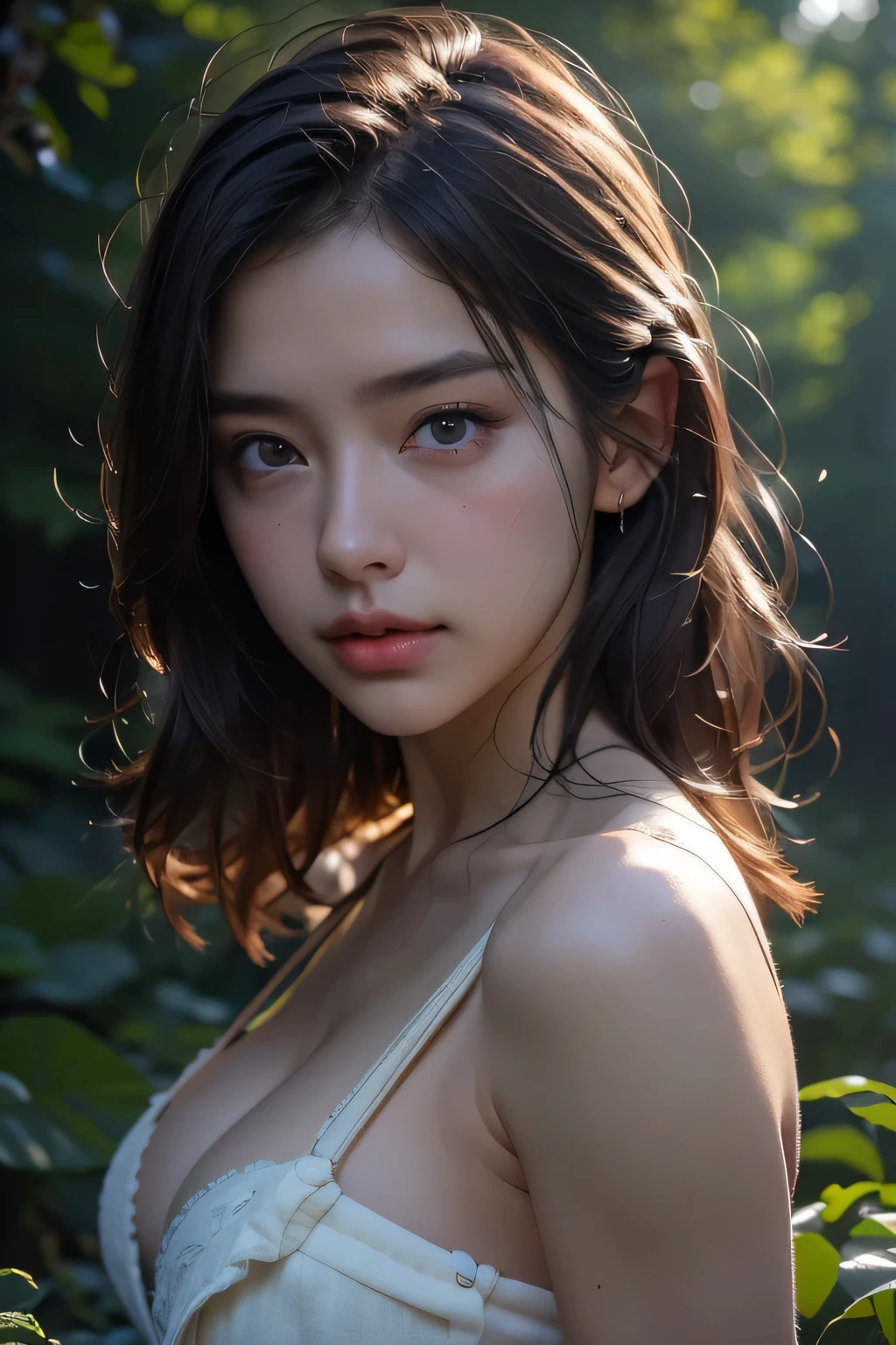 landscape, summer, night, forest, Campfire in one place, unmanned, Nobody, Starry Sky, HD detailed, Super detailed, movie, Hyperrealism, Soft Light, Deep focus bokeh, Ray Tracing, Hyperrealism. , アートステーション pixiv Gwise, Makoto Shinkai, ArtJam, 1girl, White tube top、Cleavage、Big Breasts、Short denim、Muscular thighs、masterpiece, 最high quality, high quality, High resolution, ((Face close-up))