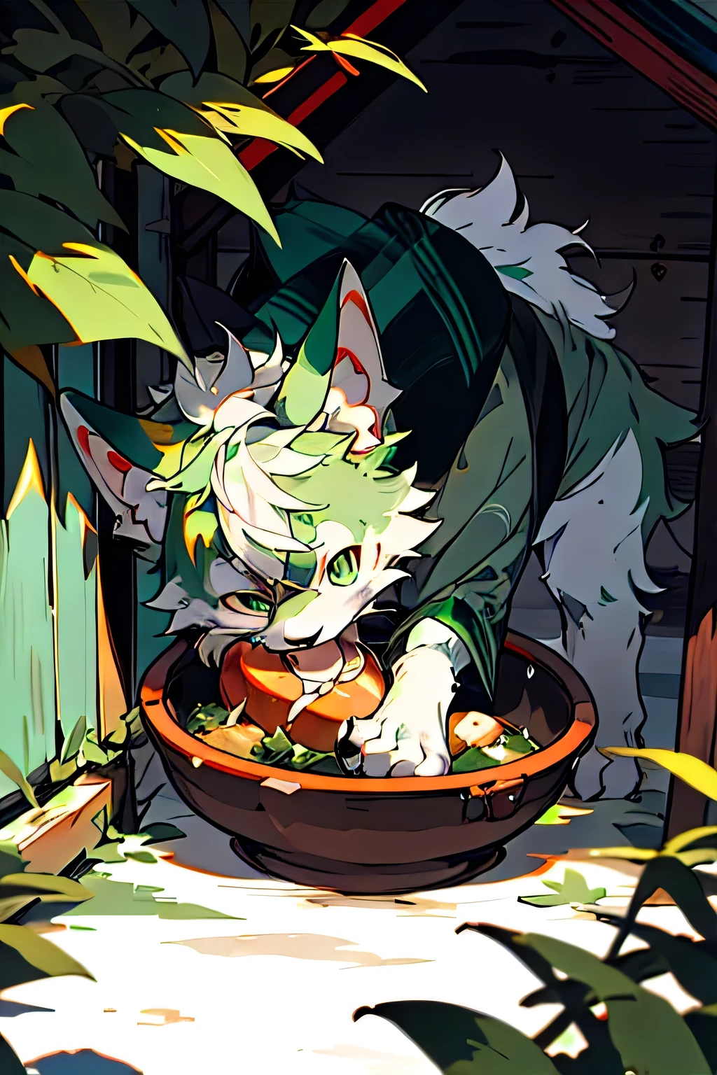 Green fur cute dog、Shy boy with white hair and a collar eating food from a bowl in a doghouse
