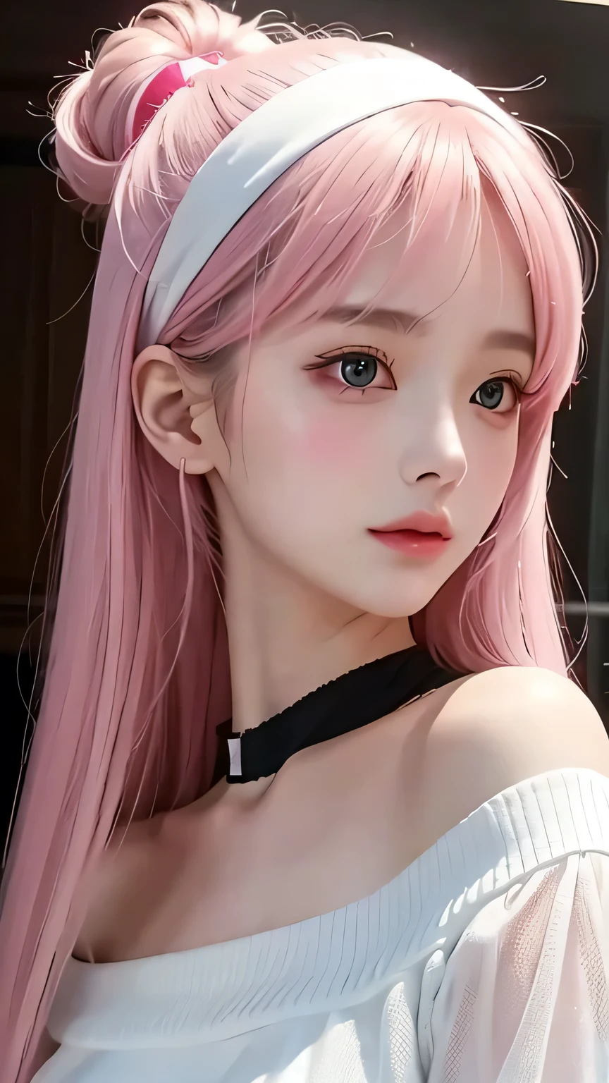 1 girl,White off-the-shoulder shirt、Wearing a pink headband,Close-up of a woman, Gu Weiss-style works, IG Model | Art bud, extremely detailed Art bud, surreal anime, Soft Portrait Shots 8K, Art bud. Anime Illustrations, Bovoort'Art style, Blue-haired princess, 8k Art bud bokeh,Blue Hair,Semi-long hair,blue eyes,Beautiful glasses,wear glasses(focus),huge ,A bright smile