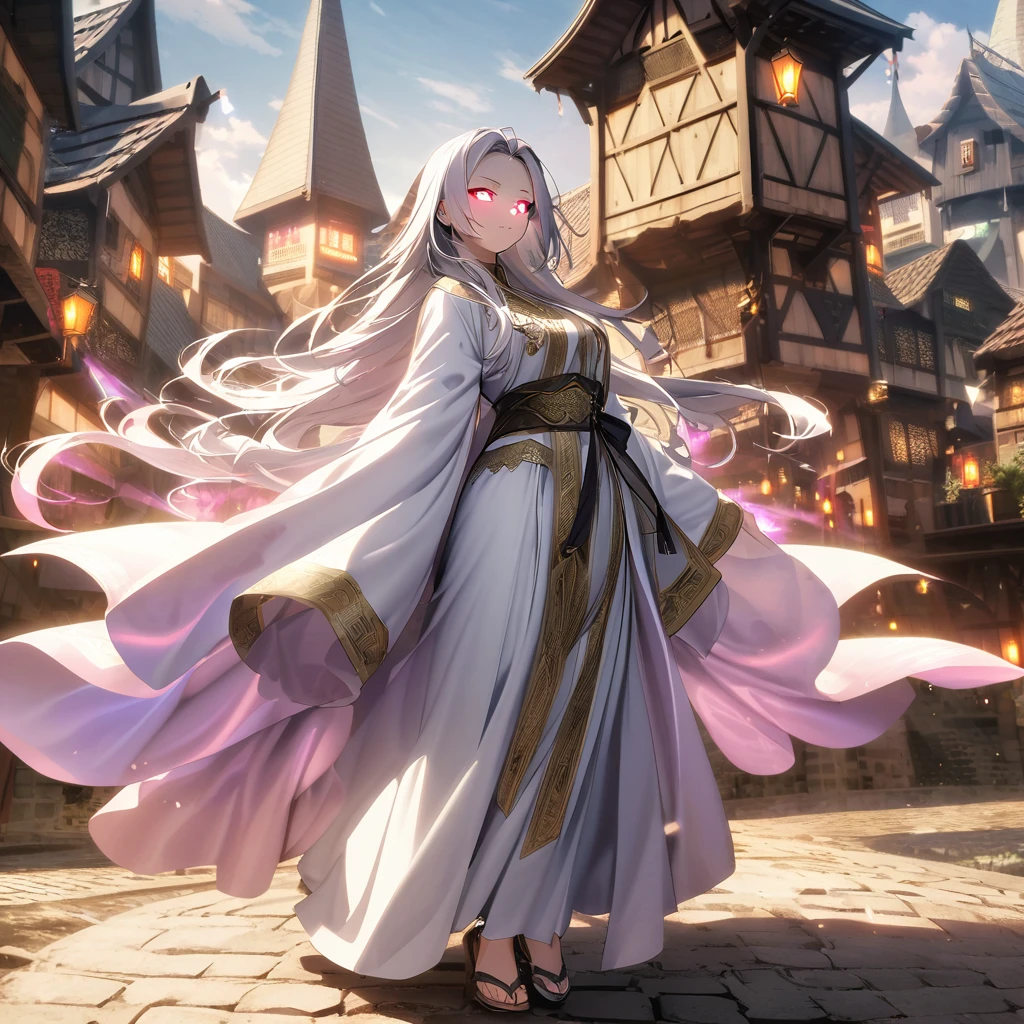 A divine Asian spirit (Malaysian, woman, age 25, ankle length hair, white billowing silken robes, platinum trim, glowing eyes, holy aura) floats above a magic circle in a medieval European village