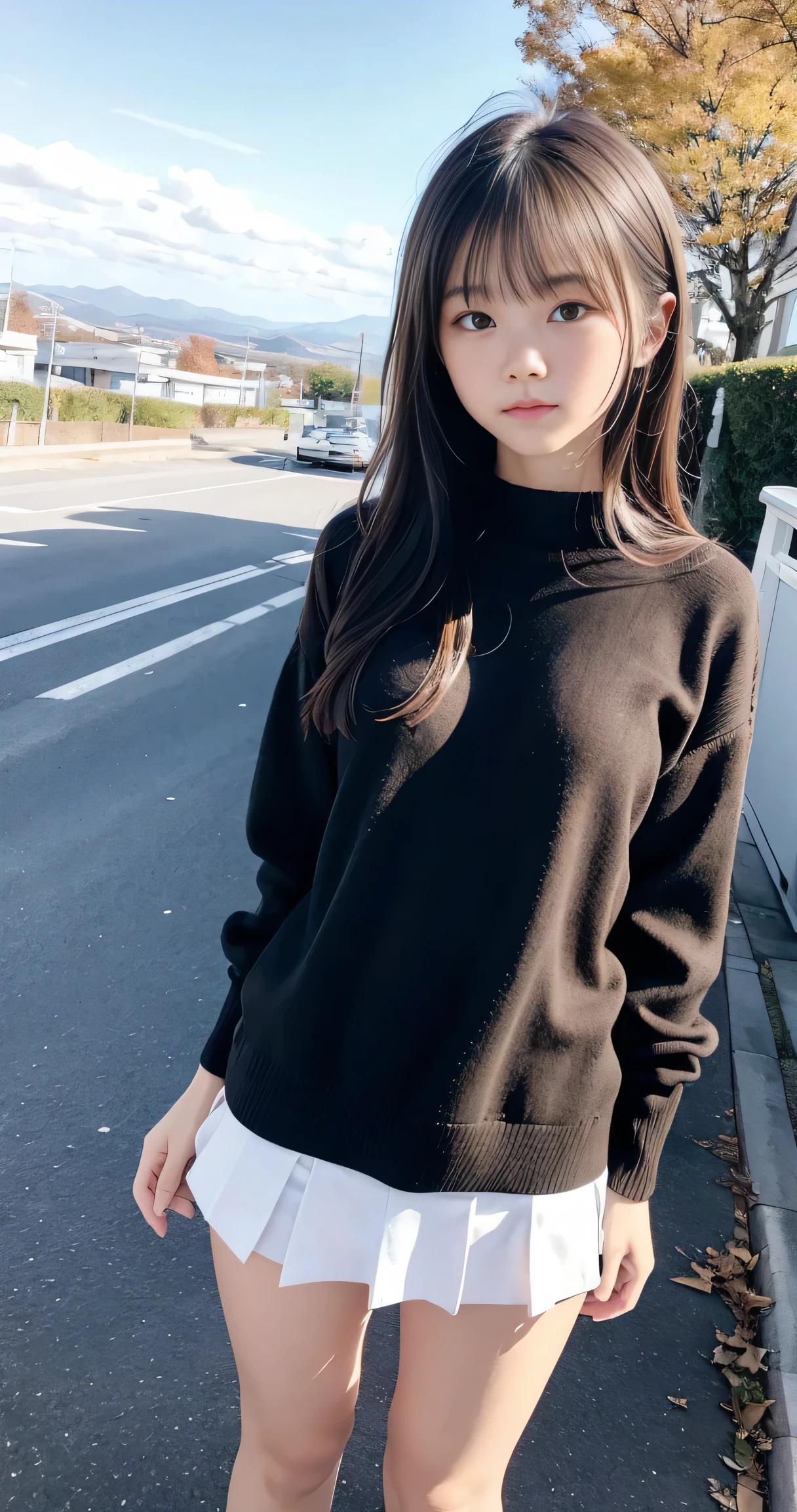 (RAW Photos:1.2), (Realistic), Beautiful detailed girl, Very detailed eyes and face, Beautiful fine details, Large file size, High resolution, Very detailed, highest quality, [Tabletop:1.6], figure, Very detailed, The finer details, highest quality, 8k wallpaper, Cinema Lighting, Japan idols when they , Mountain parking lot, Female student,  The body is slim, Immature body, Young Face, Brown sweater, Nothing underneath, White panties are visible, White shoes, Small Bag, Autumn view of Japan, Nice views, Autumnal leaves々々, Sunny sky in autumn, Fresh air