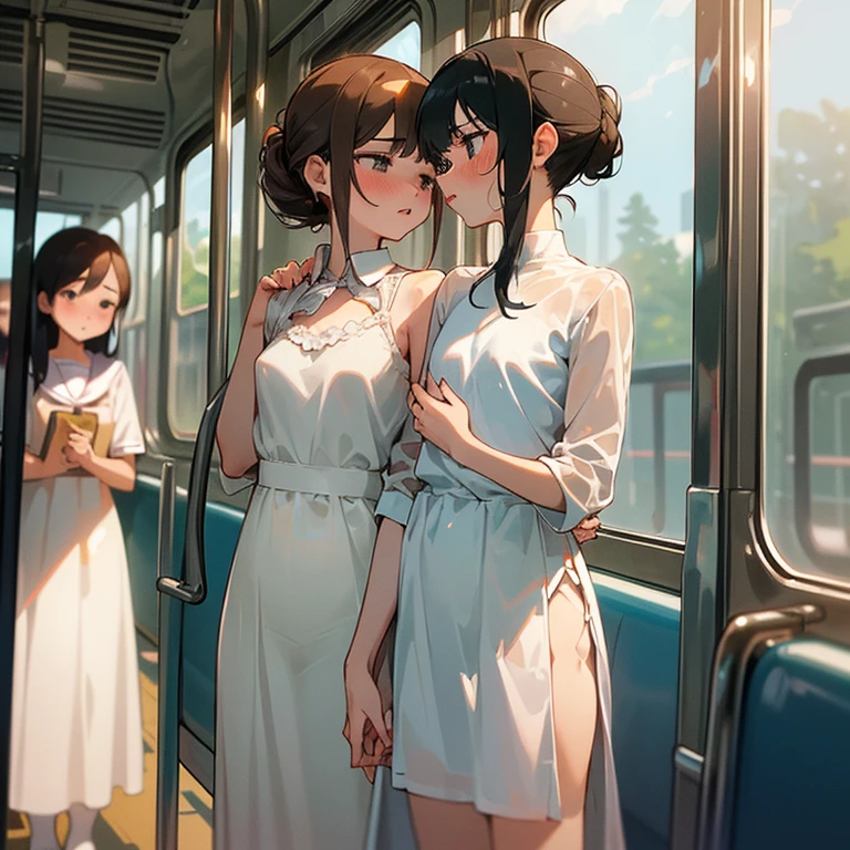 masterpiece, best quality, high quality, ultra detailed, extremely detailed, ultra-high res, best aesthetic, 8k),
(beautiful detailed 5fingers: 1.2),
(ultra-detailed face),

((2girls: 1.5)), (lesbian),
(Standing in the train: 1.3),
(deep kiss: 1.3),
(1girl and 1girl, grabbing breasts, grabbing from behind: 1.4),

from front: 1.2,

Break,
((11 years old)), (two legs),
parted lips, (nose blush), pink rips, ((drunk)),
sweat, blush, open mouth, ((barefoot)),
(half closed eyes: 0.6), (tears: 0.8),
((o-face, smoldering)), (heavy breathing),
(flat chest: 1.4),
((chignon hair: 1.2)),

Break,
((school uniform, white long dress): 1.3),
(see-through cute frilled panties),
(white school knee high socks),
(camel-toe),

((looking away)), (cowboy shot: 1.5),
outdoor, afternoon,
((in the train)), (cloudy),
