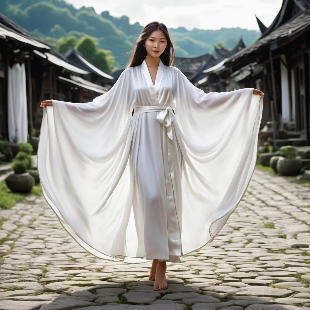 A divine Asian spirit (Malaysian, woman, age 25, ankle length hair, white billowing silken robes, platinum trim, glowing eyes, holy aura) floats above a magic circle in a medieval European village