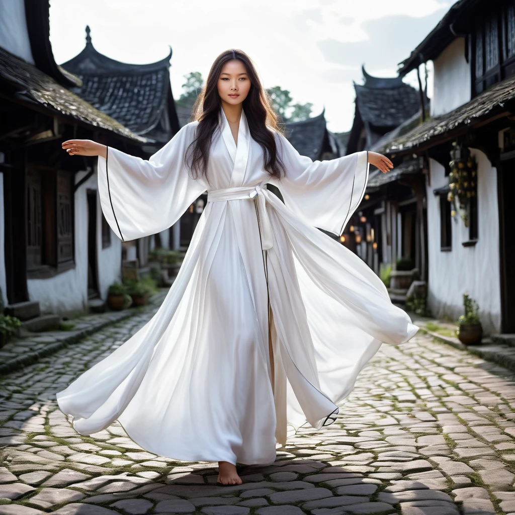 A divine Asian spirit (Malaysian, woman, age 25, ankle length hair, white billowing silken robes, platinum trim, glowing eyes, holy aura) floats above a magic circle in a medieval European village