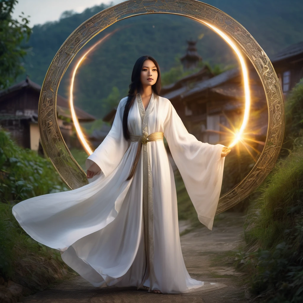 A divine Asian spirit (Malaysian, woman, age 25, ankle length hair, white billowing silken robes, platinum trim, glowing eyes, holy aura) floats above a magic circle in a medieval European village