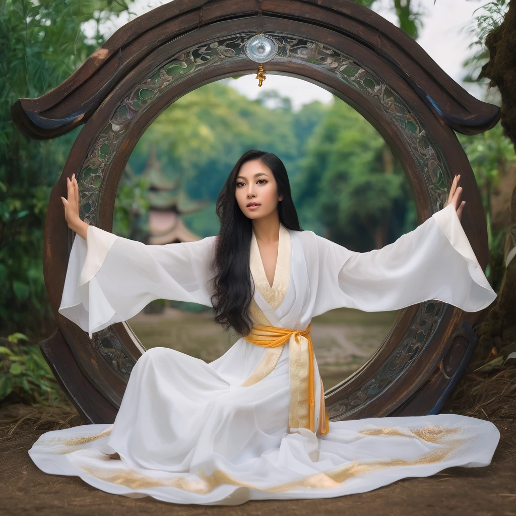 A divine Asian spirit (Malaysian, woman, age 25, ankle length hair, white billowing silken robes, platinum trim, glowing eyes, holy aura) floats above a magic circle in a medieval European village
