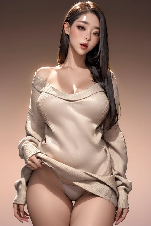 ((masterpiece, highest quality, Super detailed, Ultra-high resolution, Realistic, Cinematic)), ((Attractive Korean women, thick)), (Surrealism), (Medium Shot, from the front:1.4), Perfect body, Sexy Body, Perfect Face, Perfect hands, Fine hand, Delicate face, (bursting breasts), Long, round legs, (Wide Hips), (Long and colorful hair, Straight hair:1.3), (Wearing a high-necked sweater:1.5), (Wearing tight panties), (Sensual pose), (Gradient Background:1.3), Brown eyes, Detailed pupil, Bright red lips, Blushing, Slightly parted lips、whole body、Angle from below、