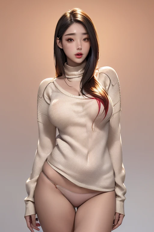 ((masterpiece, highest quality, Super detailed, Ultra-high resolution, Realistic, Cinematic)), ((Attractive Korean women, thick)), (Surrealism), (Medium Shot, from the front:1.4), Perfect body, Sexy Body, Perfect Face, Perfect hands, Fine hand, Delicate face, (bursting breasts), Long, round legs, (Wide Hips), (Long and colorful hair, Straight hair:1.3), (Wearing a high-necked sweater:1.5), (Wearing tight panties), (Sensual pose), (Gradient Background:1.3), Brown eyes, Detailed pupil, Bright red lips, Blushing, Slightly parted lips、whole body、Angle from below、