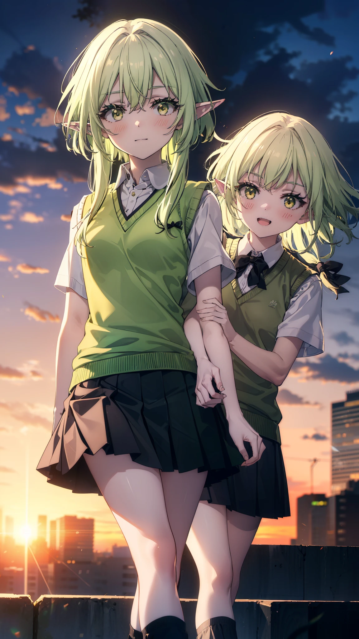 High Goblin Archer, high goblin archer, Long Hair, (Green Eyes:1.5), bow, hair bow, black bow, Side Lock, Green Hair, Pointy Ears, happy smile, smile, Open your mouth,white yシャツ, Short sleeve, Pleated skirt, socks, Collared shirt, mini skirt, White knee socks, (Black Skirt:1.5), Sweater vest, (green Sweater vest:1.5),Brown Loafers,sunset,evening,The sun goes down,whole bodyがイラストに入るように,Walking,Looking down from above,
break outdoors, city,Building Street,
break looking at viewer, whole body,
break (masterpiece:1.2), highest quality, High resolution, unity 8k wallpaper, (shape:0.8), (Fine and beautiful eyes:1.6), Highly detailed face, Perfect lighting, Highly detailed CG, (Perfect hands, Perfect Anatomy),