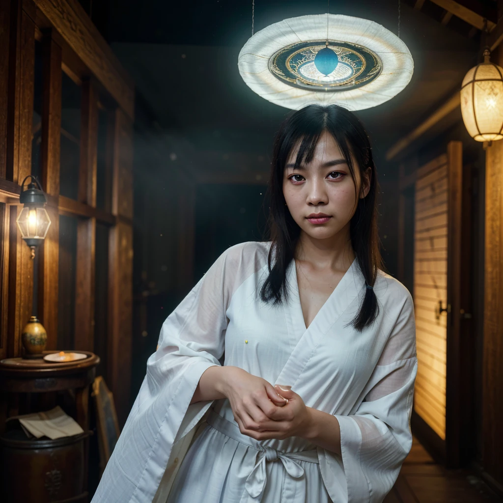 A divine Asian spirit, Malaysian woman, age 25, ankle length hair, white billowing silken robes with platinum trim, glowing eyes, and a holy aura, floats above a magic circle in a medieval European village. (best quality, 4k, highres, masterpiece:1.2), ultra-detailed, (realistic, photorealistic, photo-realistic:1.37), HDR, UHD, studio lighting, ultra-fine painting, sharp focus, physically-based rendering, extreme detail description, professional, vivid colors, bokeh, portraits, landscape, horror, anime, sci-fi, photography, concept artists, vibrant colors, soft lighting.