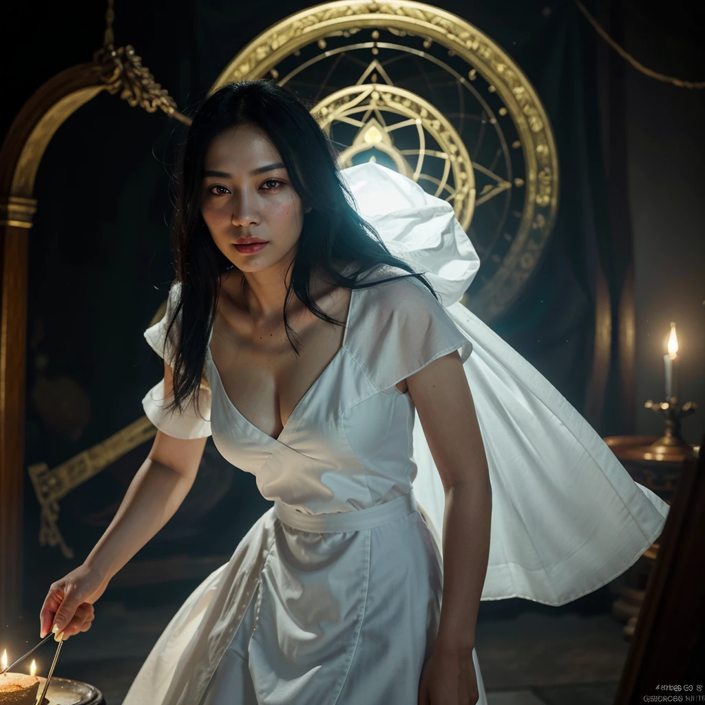 A divine Asian spirit, Malaysian woman, age 25, ankle length hair, white billowing silken robes with platinum trim, glowing eyes, and a holy aura, floats above a magic circle in a medieval European village. (best quality, 4k, highres, masterpiece:1.2), ultra-detailed, (realistic, photorealistic, photo-realistic:1.37), HDR, UHD, studio lighting, ultra-fine painting, sharp focus, physically-based rendering, extreme detail description, professional, vivid colors, bokeh, portraits, landscape, horror, anime, sci-fi, photography, concept artists, vibrant colors, soft lighting.
