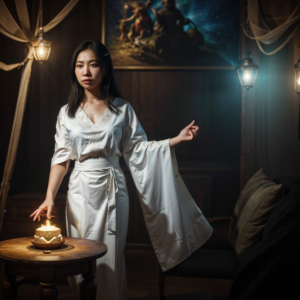 A divine Asian spirit, Malaysian woman, age 25, ankle length hair, white billowing silken robes with platinum trim, glowing eyes, and a holy aura, floats above a magic circle in a medieval European village. (best quality, 4k, highres, masterpiece:1.2), ultra-detailed, (realistic, photorealistic, photo-realistic:1.37), HDR, UHD, studio lighting, ultra-fine painting, sharp focus, physically-based rendering, extreme detail description, professional, vivid colors, bokeh, portraits, landscape, horror, anime, sci-fi, photography, concept artists, vibrant colors, soft lighting.