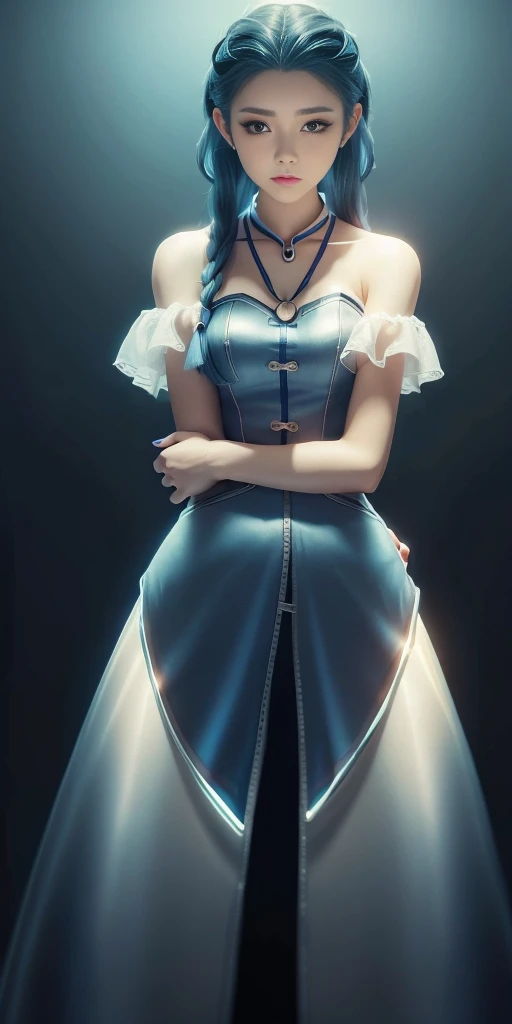 Blue Hair Surrealism, shadow, ,Character table, Reference Table, Standing painting, 8k, Super Detail, 1080P, Women HD, 4K, 8k, 16k, high resolution, best quality, high quality, Anatomically correct, masterpiece, precise, Ultra HD,grace,Unreal Engine,Delicate face,Long braids,slim,Long legs,miniskirt