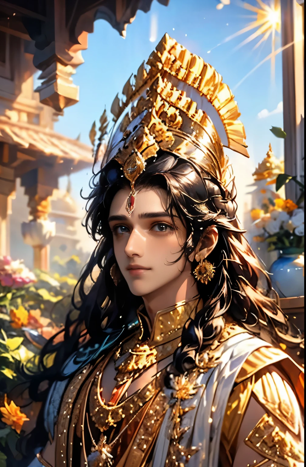  Inside the luxurious Indian Palace, Highly detailed skin and facial textures:1.3, glow light effect, cute Lord Krishna, Fair skin, Glossy skin, (elegant:1.4, small face), Ultimate Cute Face:1.5, (cute eyes:0.9, looking far away), smile:1.0, (mouth slightly open:0.4, Cute mouth:0.7), detailed eyes, ((super long black brown curly hair)), tiara, peacock feathers, necklace and earrings, divine smile, closeup shot(only face), ((Strong sunlight shines on a man:1.7))