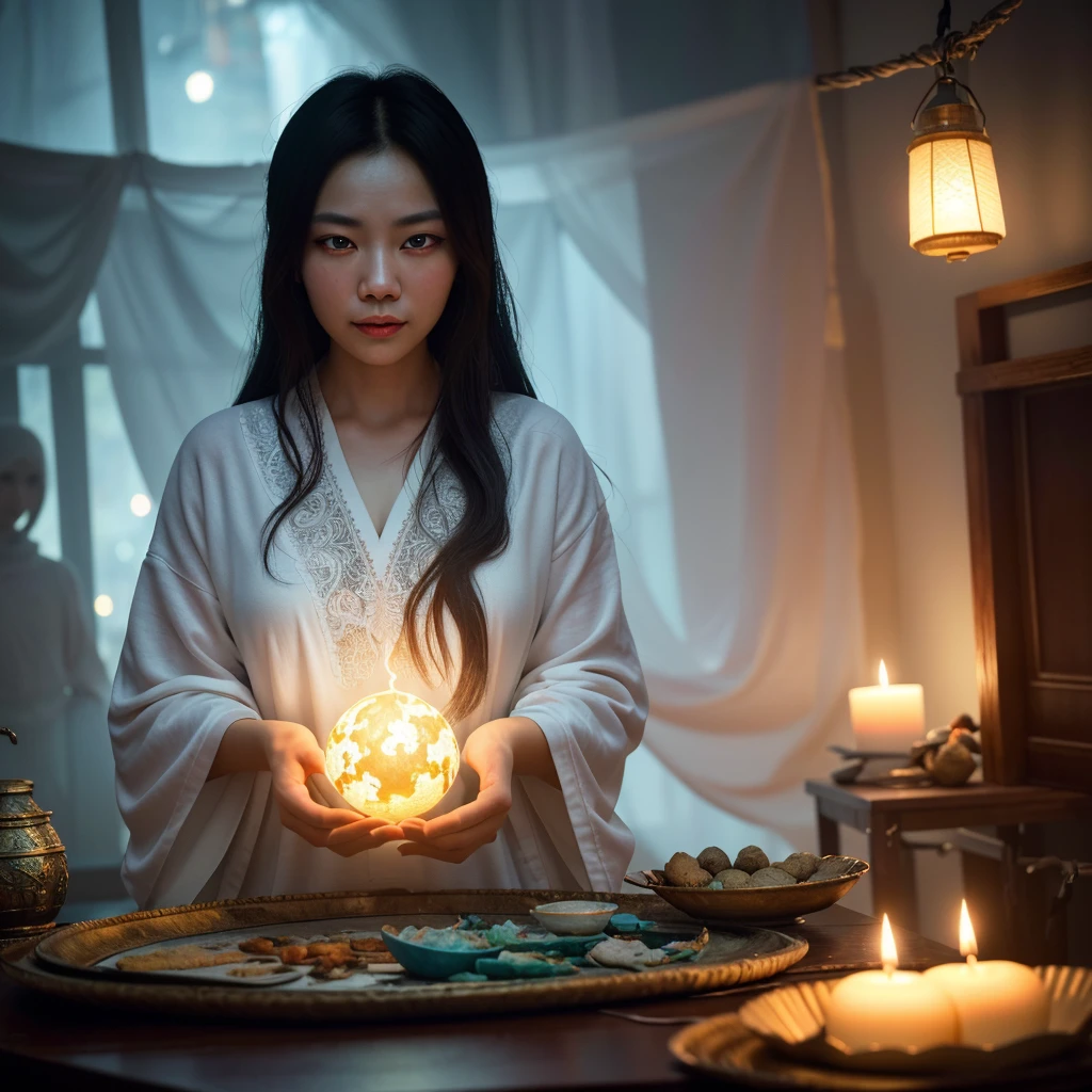 A divine Asian spirit, Malaysian woman, age 25, ankle length hair, white billowing silken robes with platinum trim, glowing eyes, and a holy aura, floats above a magic circle in a medieval European village. (best quality, 4k, highres, masterpiece:1.2), ultra-detailed, (realistic, photorealistic, photo-realistic:1.37), HDR, UHD, studio lighting, ultra-fine painting, sharp focus, physically-based rendering, extreme detail description, professional, vivid colors, bokeh, portraits, landscape, horror, anime, sci-fi, photography, concept artists, vibrant colors, soft lighting.