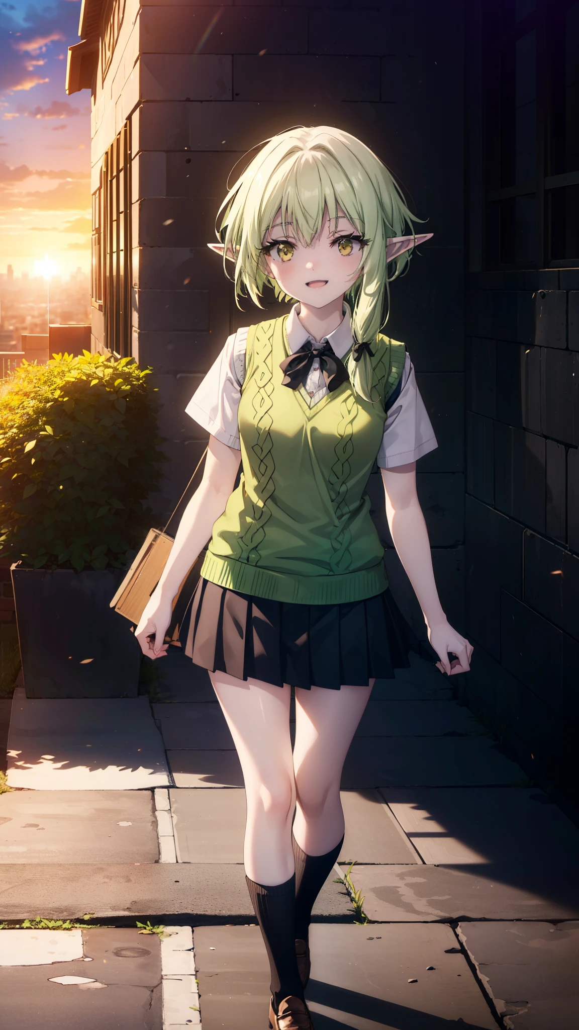 High Goblin Archer, high goblin archer, Long Hair, (Green Eyes:1.5), bow, hair bow, black bow, Side Lock, Green Hair, Pointy Ears, happy smile, smile, Open your mouth,white yシャツ, Short sleeve, Pleated skirt, socks, Collared shirt, mini skirt, White knee socks, (Black Skirt:1.5), Sweater vest, (green Sweater vest:1.5),Brown Loafers,sunset,evening,The sun goes down,whole bodyがイラストに入るように,Walking,Looking down from above,
break outdoors, city,Building Street,
break looking at viewer, whole body,
break (masterpiece:1.2), highest quality, High resolution, unity 8k wallpaper, (shape:0.8), (Fine and beautiful eyes:1.6), Highly detailed face, Perfect lighting, Highly detailed CG, (Perfect hands, Perfect Anatomy),