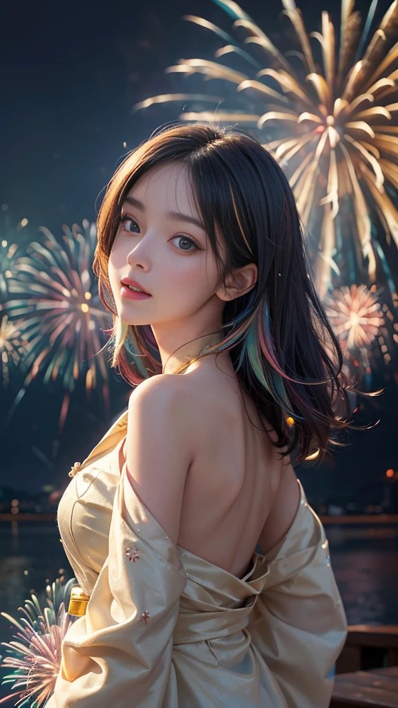 fair_skin,slender,oval face,light_blush,bishoujo,huge filesize,wallpaper,:d,dynamic angle, finely detail, (bloom), (shine), glinting stars, ((((best detailed fireworks)))), ((((depth of field)))), (((hanabi))),(((backlight))),,stars in the eyes, messy floating hair, colored inner hair, Starry sky adorns hair, (lots of big colorful Bubble), (pearl), (Galaxy), depth of field,