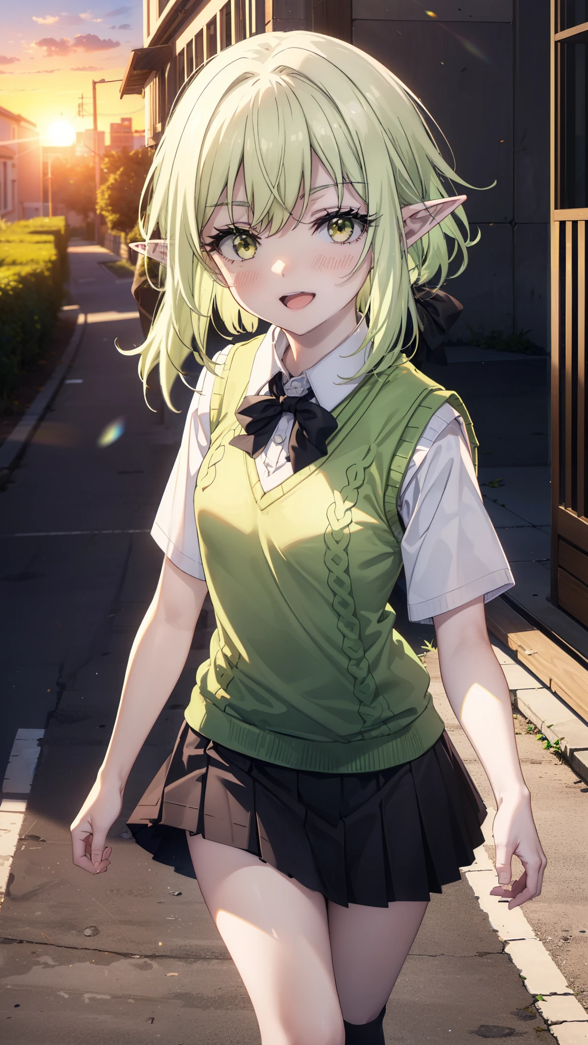 High Goblin Archer, high goblin archer, Long Hair, (Green Eyes:1.5), bow, hair bow, black bow, Side Lock, Green Hair, Pointy Ears, happy smile, smile, Open your mouth,white yシャツ, Short sleeve, Pleated skirt, socks, Collared shirt, mini skirt, White knee socks, (Black Skirt:1.5), Sweater vest, (green Sweater vest:1.5),Brown Loafers,sunset,evening,The sun goes down,whole bodyがイラストに入るように,Walking,Looking down from above,
break outdoors, city,Building Street,
break looking at viewer, whole body,
break (masterpiece:1.2), highest quality, High resolution, unity 8k wallpaper, (shape:0.8), (Fine and beautiful eyes:1.6), Highly detailed face, Perfect lighting, Highly detailed CG, (Perfect hands, Perfect Anatomy),