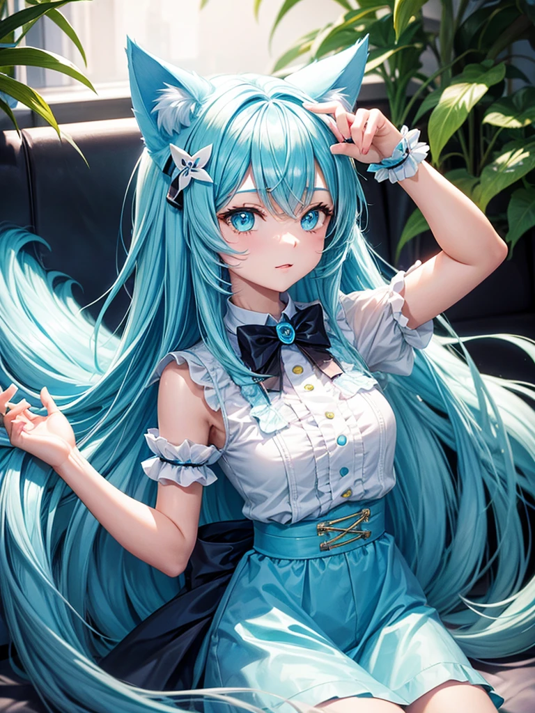 Cyan long hair girl with cyan cat ears with cyan eyes wearing cyan neko outfit