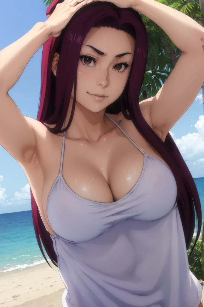 masterpiece, best quality, sakaki ryouko, wearing bikini under tanktop, large breasts, beach, furrowed brow,seductive smile, looking at viewer, wearing hat, put your hands behind your head, armpits, armpits visible, sweaty armpits