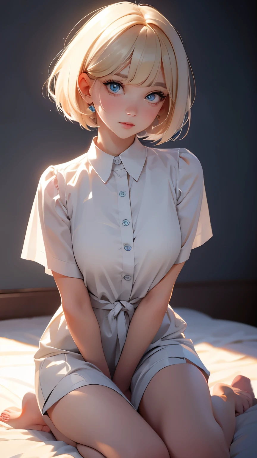 short hair, 前髪のあるshort hair, Woman with pretty face,Cute little face, French Bob, White skin, 短い茶色の髪とBig eyes, Full body portrait shot 8k, Beautiful light、Big eyes, Beautiful woman, Young woman with bob cut, Full Shot,Best image quality,
