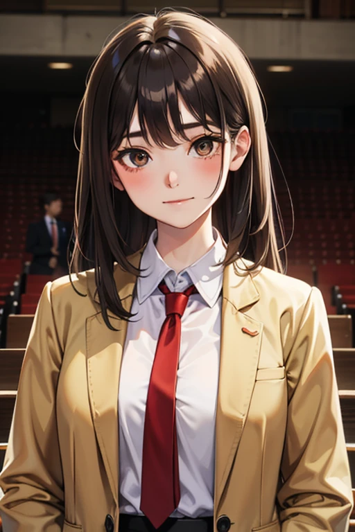 rining:Safety, One girl, 一人in, length_hair, Brown_hair, Jacket, Brown_eye, red面, red_Neckwear, tie, smile, green_Jacket, shirt, white_shirt, upper_body, Eyebrow_appear_Through_hair, Looking_in_Audience, collared_shirt, School_uniform, Closed_mouth, 前hair, blazer, Open_Jacket, Open_Clothes, dress_shirt, length_sleeve