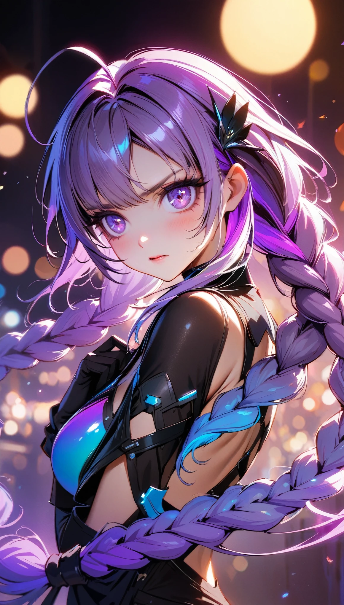 (best quality,4k,8k,highres,masterpiece:1.2),ultra-detailed,professional,vivid colors,bokeh,illustration,1 girl，solo，beautiful， yinji , anatomical correct:2, twin braids, purple hair，hair ornament, gloves, ahoge，low-tied very long hair， purple eyes,soft lighting,colorful palette,detailed eyes,detailed lips,intense gaze,fierce expression,serene background,gentle breeze,flower garden,subtle moonlight,cool tones,playful atmosphere