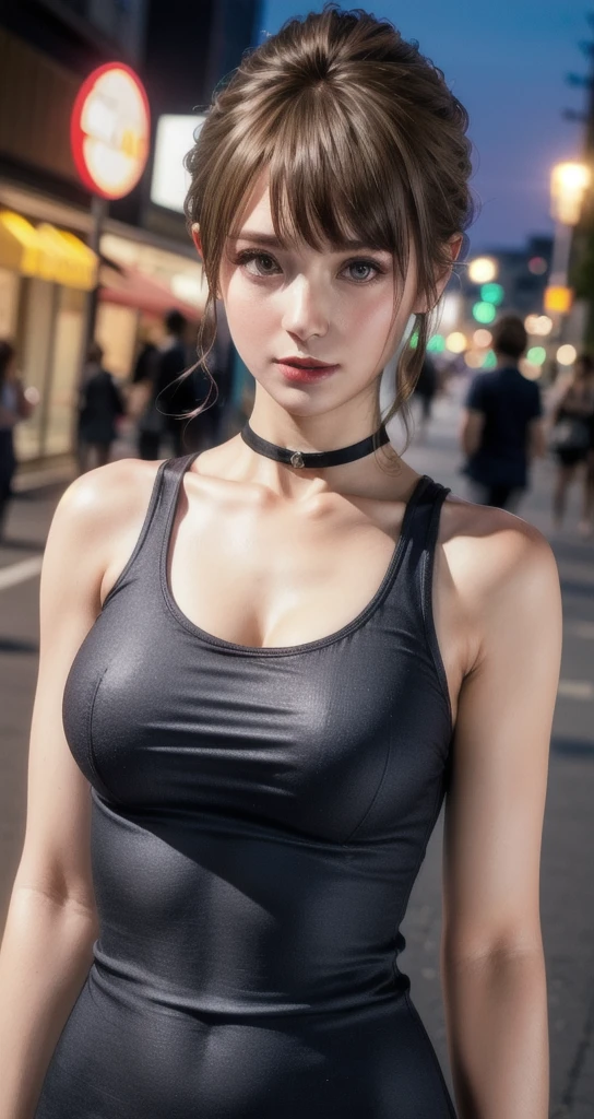 ((highest quality, 8k, masterpiece: 1.3)), whole body, Sharpen the focus: 1.2, Outstanding beauty: 1.4, Slim Abs: 1.2, Tank top dress: 1.1, (City of night, street: 1.1), Highly detailed face and skin texture, Fine grain, double eyelid, Mature Woman,Beautiful and attractive woman who follows fashion trends