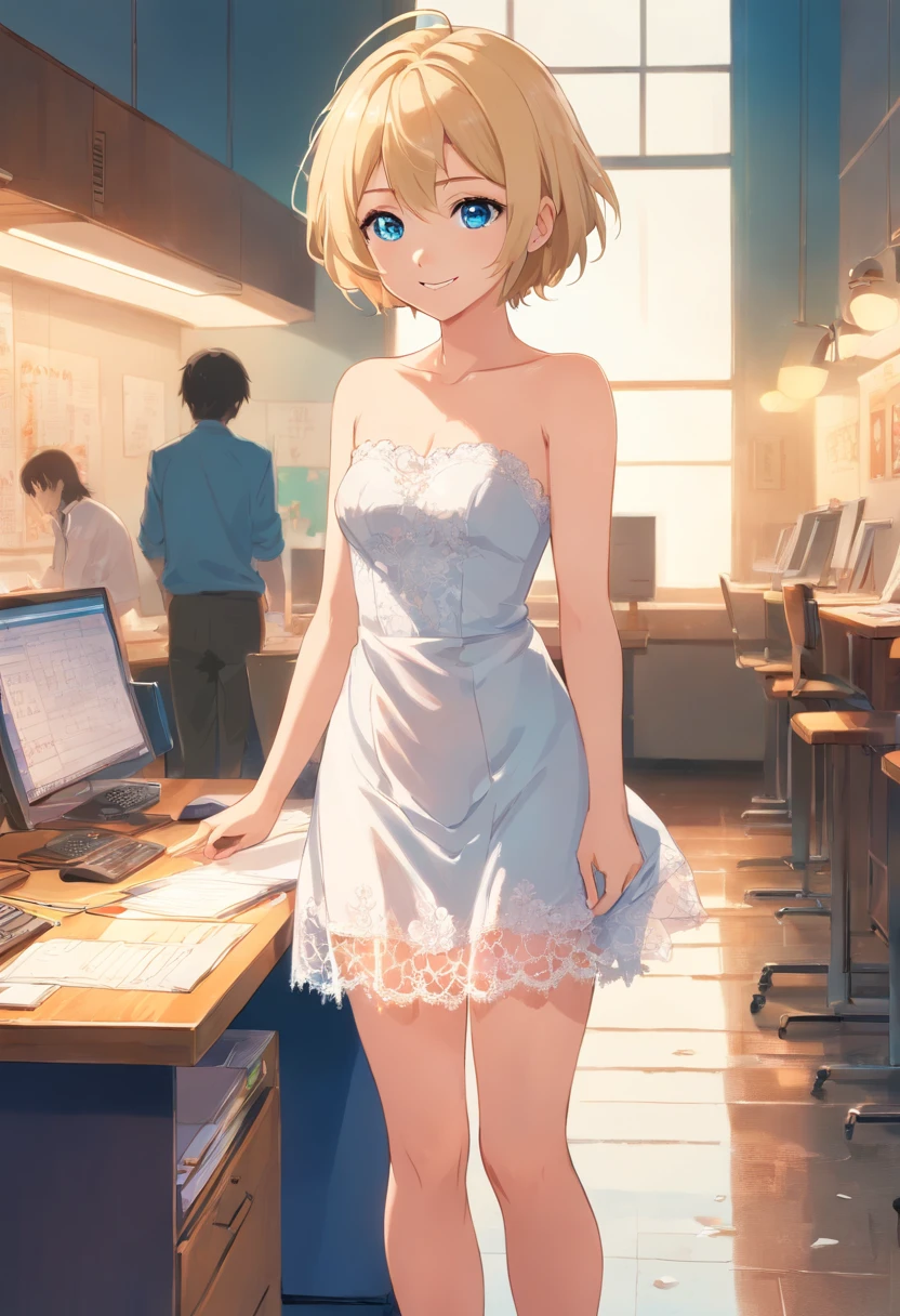  Women, ((Blonde)), ((Blue eyes)), ((Short hair)), ((Full Body)), She wears a white backless strapless lace dress, standing looking with a smile at the camera and with her head tilted slightly to the right, she is wearing white high heels, Illuminated by a small desk lamp, wet floor