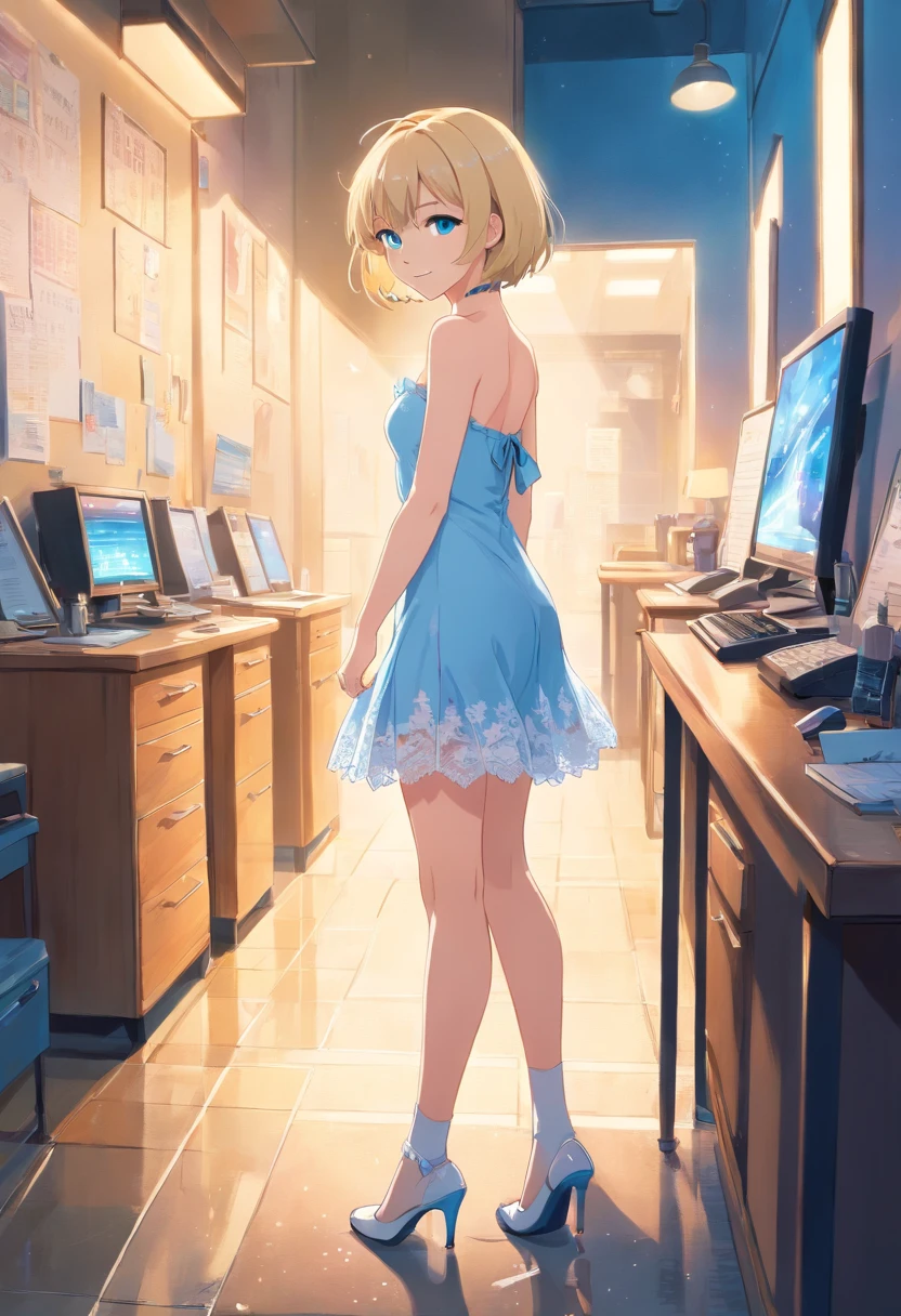 Women, ((Blonde)), ((Blue eyes)), ((Short hair)), ((Full Body)), She wears a white backless strapless lace dress, standing looking with a smile at the camera and with her head tilted slightly to the right, she is wearing white high heels, Illuminated by a small desk lamp, wet floor