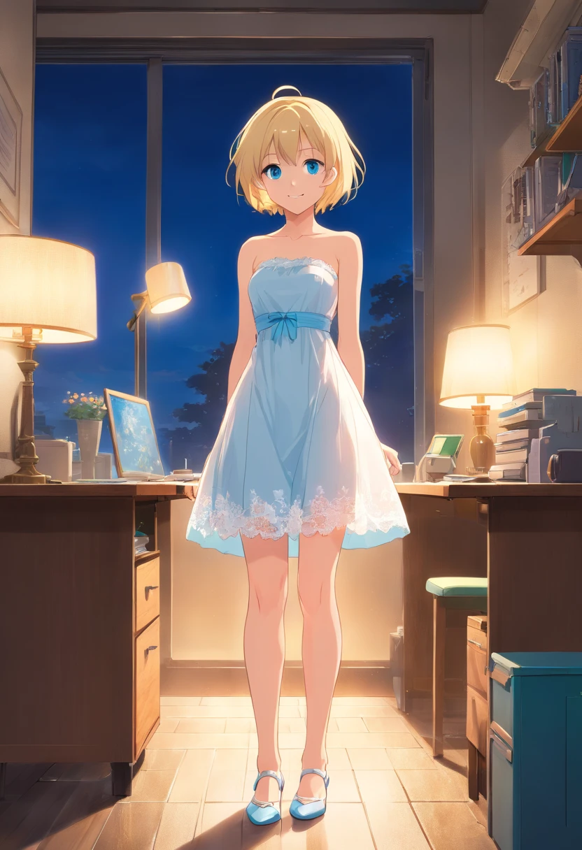 17 years old Women, ((Blonde)), ((Blue eyes)), ((Short hair)), ((Full Body)), She wears a white backless strapless lace dress, standing looking with a smile at the camera and with her head tilted slightly to the right, she is wearing white high heels, Illuminated by a small desk lamp, wet floor