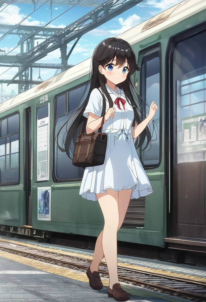 Anime girl with long hair walks along the train platform, Kantai style collection, railgun, konpeki no kantai, Kantai arcade collection, cancolle, Makoto Shinkai style, anime image of a cute girl, Art style of Makoto Shinkai, beautiful anime , anime style 4k, Official registration, blue the maco