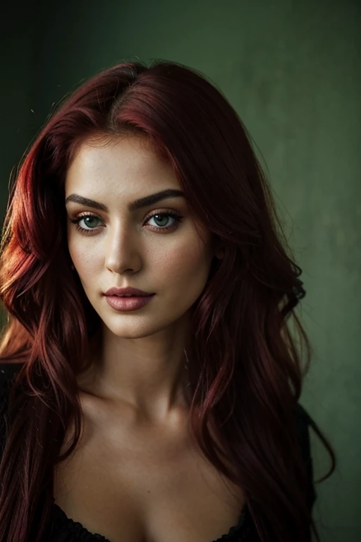Epicrealism, ultra-real, hyper-realismo, fotografia profesional, excelente acabado, alta calidad, the most realistic, detallada cada hebra de cabello cada color y cada sombra, brocha roja y ojos esmeralda intenso, pale skin like shiny porcelain, LILITH, la primera mujer, cuerpo entero, aura de oscuridad y peligro. Mujer alta y sobresaliente, ojos verde esmeralda grandes y almendrados, boca roja provocativa, cabello rojo brillante como fuego, altura 