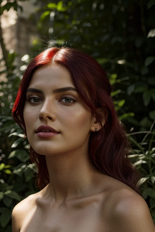 Epicrealism, ultra-real, hyper-realismo, fotografia profesional, excelente acabado, alta calidad, the most realistic, detallada cada hebra de cabello cada color y cada sombra, brocha roja y ojos esmeralda intenso, pale skin like shiny porcelain, LILITH, la primera mujer, cuerpo entero, aura de oscuridad y peligro. Mujer alta y sobresaliente, ojos verde esmeralda grandes y almendrados, boca roja provocativa, cabello rojo brillante como fuego, altura