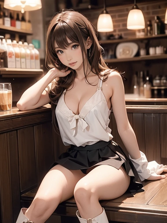 (Increase contrast)、(Increase saturation)、(27 year old super beautiful girl)、(Fair skin)Beautiful woman with perfect figure、Embarrassed face、long hair、Realistic eyes、Natural Makeup、(White tank top、Cleavage、Round and firm breasts)((Very short mini skirt、Knee-high boots)) Brown Hair、((Stylish cafe、stand、Erotic))((Bold、Obscene、Medium full shot from below、between legs、sexy))